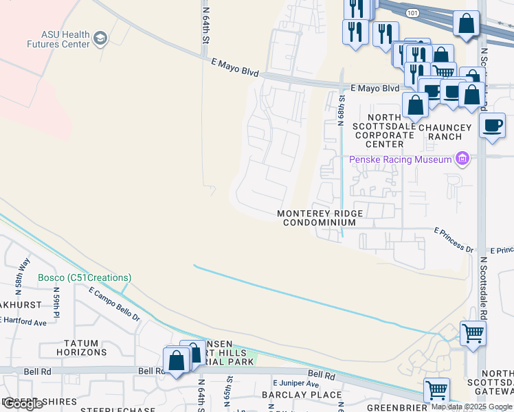 map of restaurants, bars, coffee shops, grocery stores, and more near 6530 East Libby Street in Phoenix