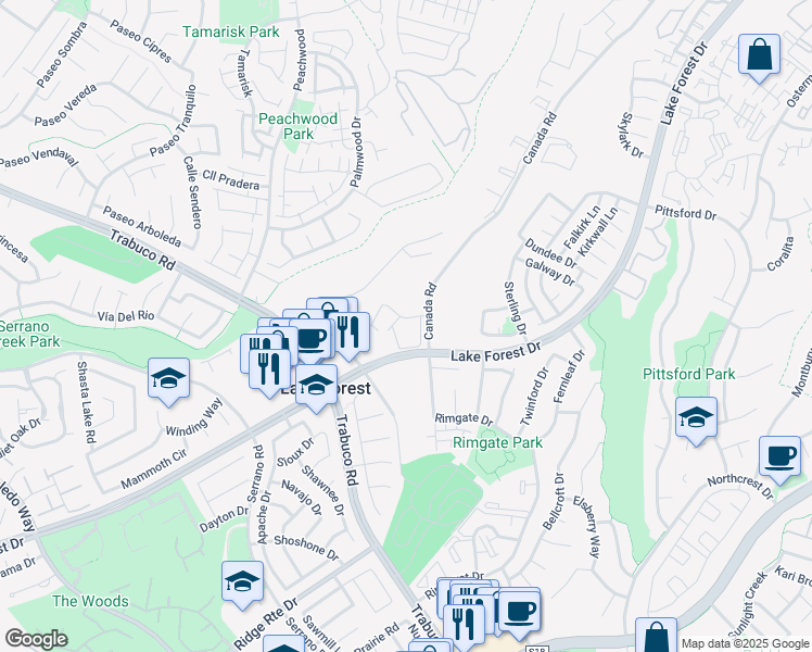 map of restaurants, bars, coffee shops, grocery stores, and more near 21641 Canada Road in Lake Forest