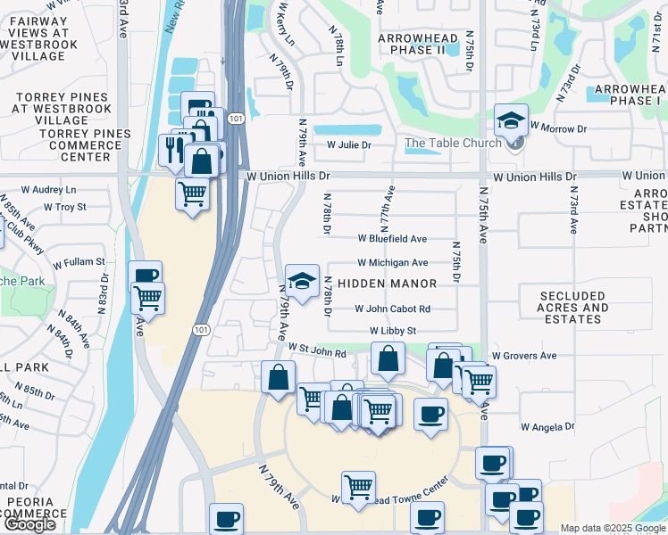 map of restaurants, bars, coffee shops, grocery stores, and more near 7741 West Michigan Avenue in Glendale