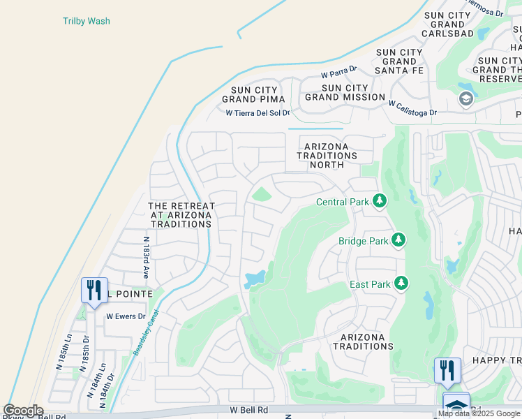 map of restaurants, bars, coffee shops, grocery stores, and more near 17973 West Skyline Drive in Surprise