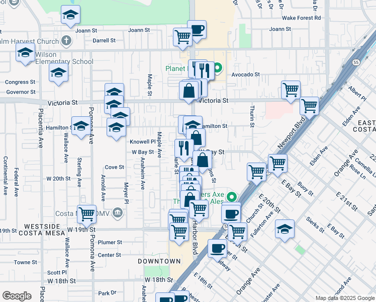map of restaurants, bars, coffee shops, grocery stores, and more near in Costa Mesa