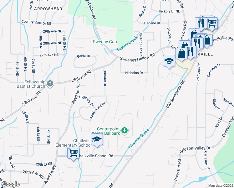map of restaurants, bars, coffee shops, grocery stores, and more near 1316 Turf Drive in Center Point