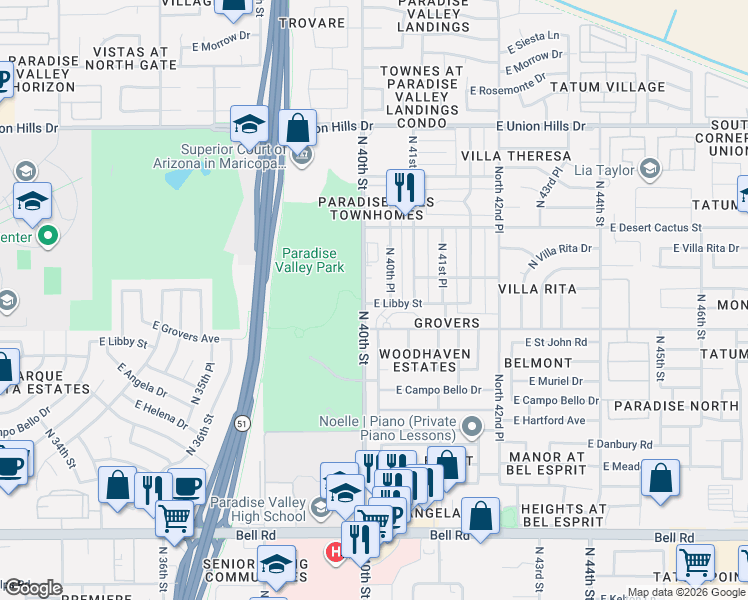 map of restaurants, bars, coffee shops, grocery stores, and more near 17841 North 40th Street in Phoenix