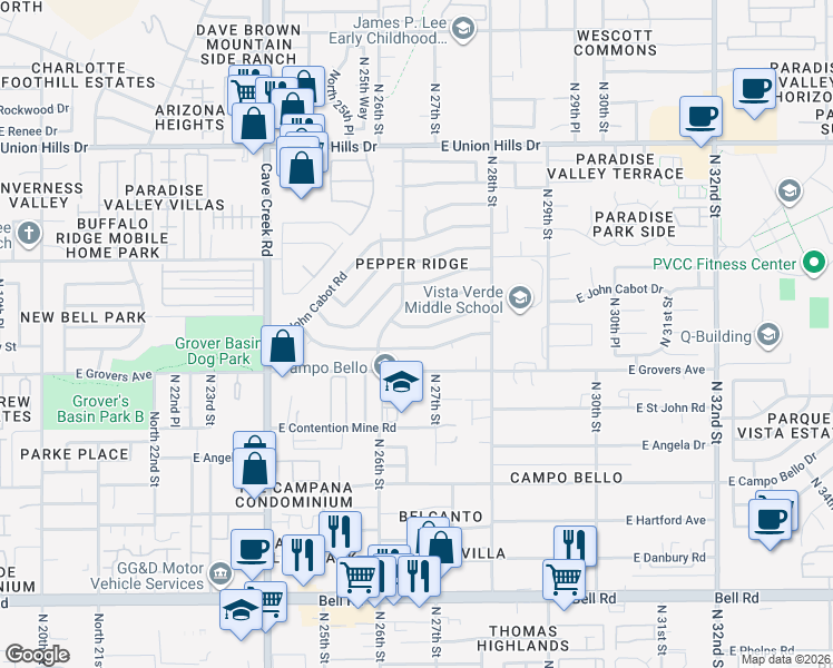 map of restaurants, bars, coffee shops, grocery stores, and more near 2632 East Charleston Avenue in Phoenix