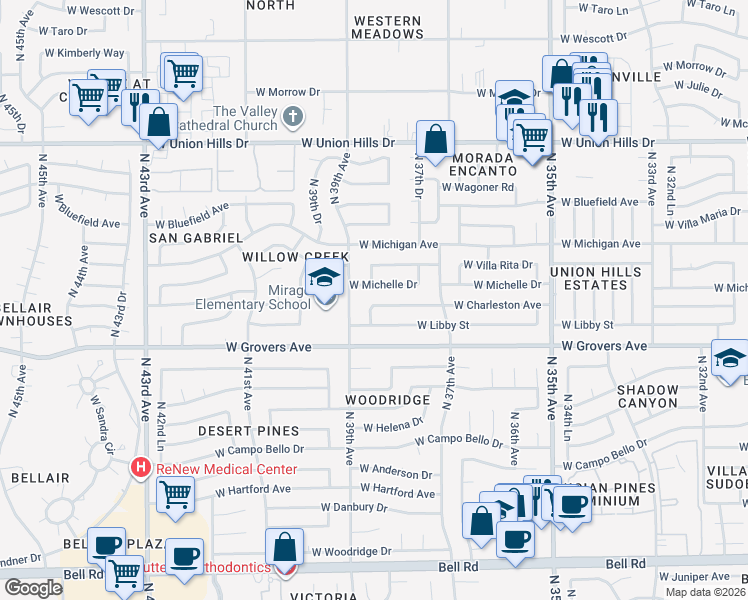 map of restaurants, bars, coffee shops, grocery stores, and more near 3813 West Michelle Drive in Glendale