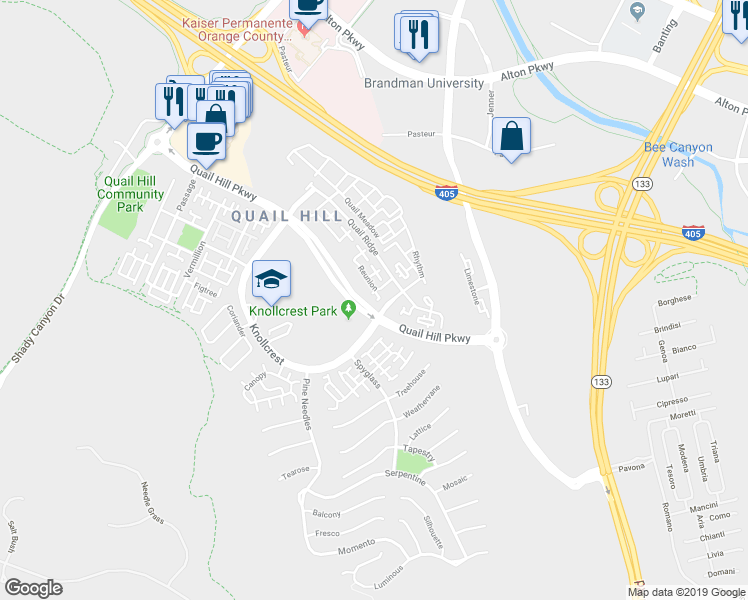 map of restaurants, bars, coffee shops, grocery stores, and more near 2 Reunion in Irvine