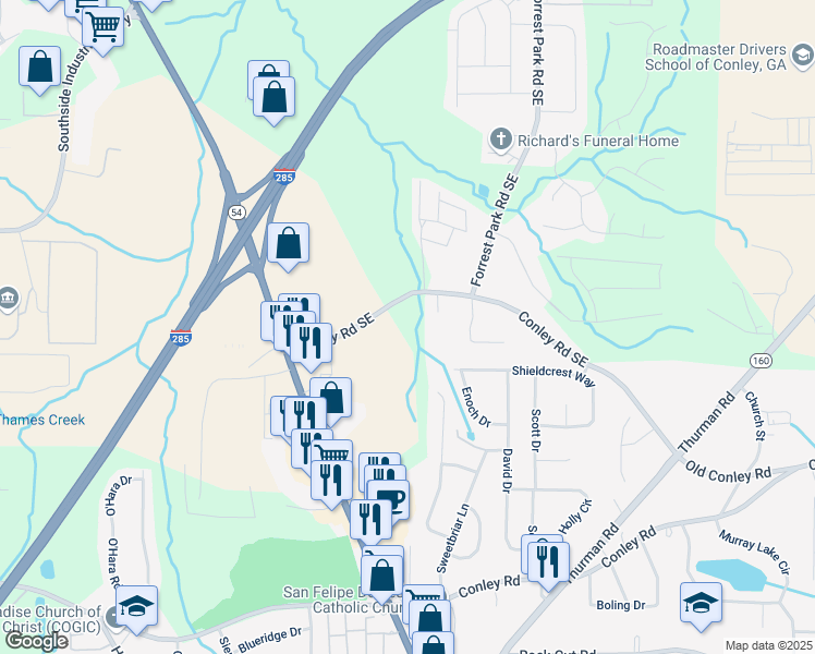 map of restaurants, bars, coffee shops, grocery stores, and more near 92 Old Forest Park Road Southeast in Atlanta