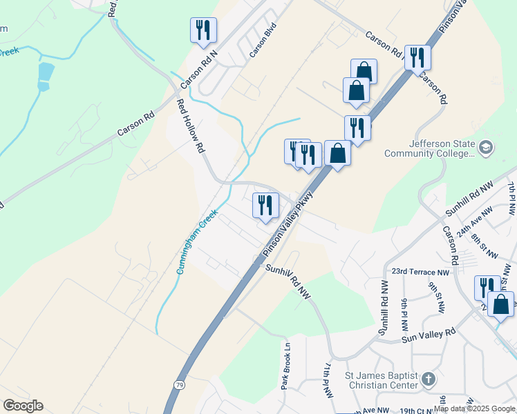 map of restaurants, bars, coffee shops, grocery stores, and more near 1413 Red Hollow Road in Center Point