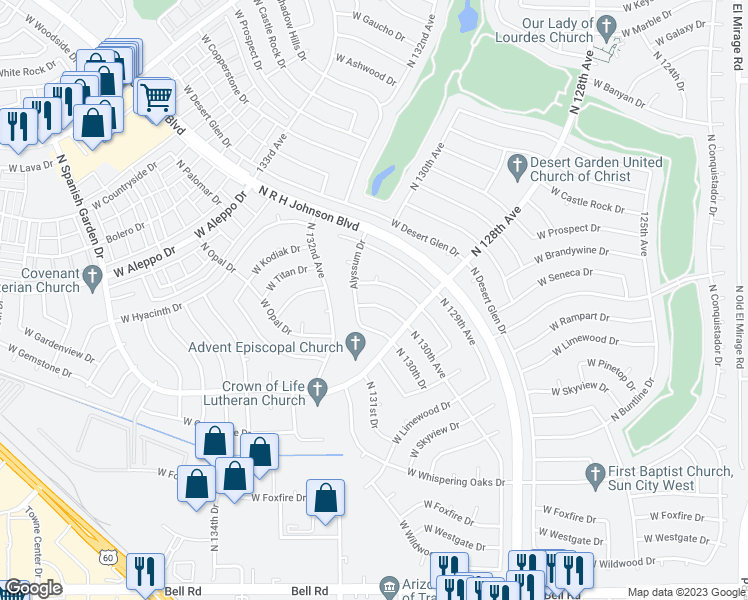 map of restaurants, bars, coffee shops, grocery stores, and more near 18227 North 130th Avenue in Sun City West