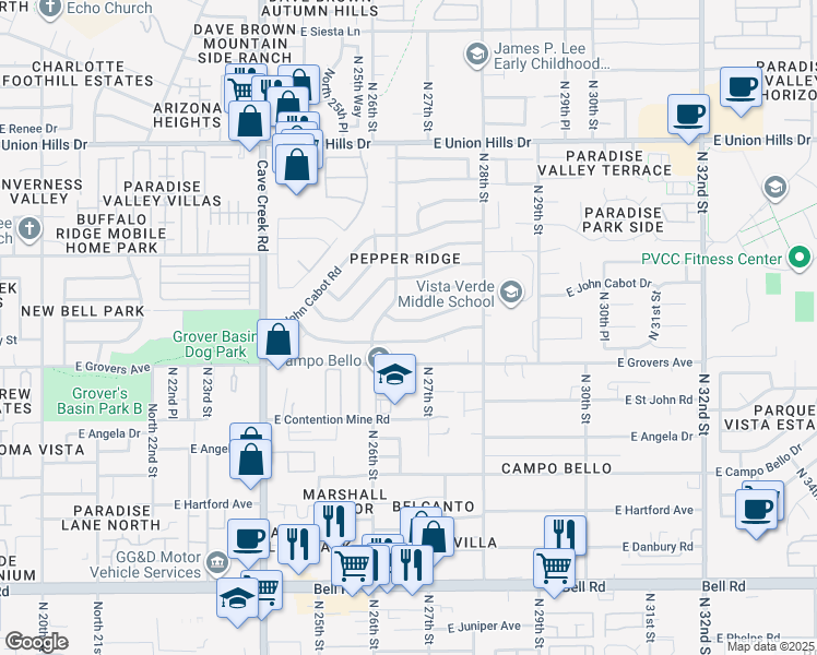 map of restaurants, bars, coffee shops, grocery stores, and more near 2632 East Charleston Avenue in Phoenix