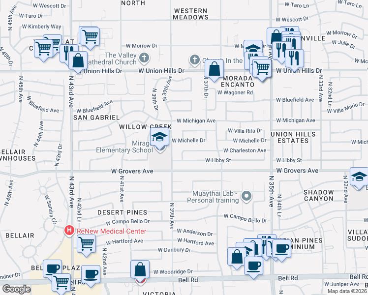 map of restaurants, bars, coffee shops, grocery stores, and more near 3813 West Michelle Drive in Glendale