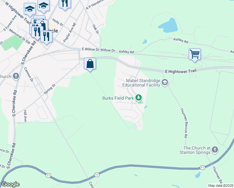 map of restaurants, bars, coffee shops, grocery stores, and more near 408 Dove Lane in Social Circle