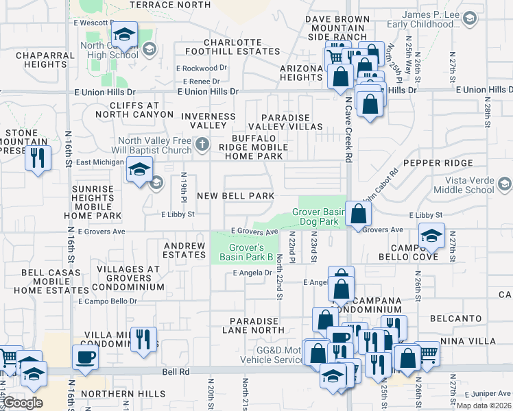 map of restaurants, bars, coffee shops, grocery stores, and more near 2072 East Charleston Avenue in Phoenix