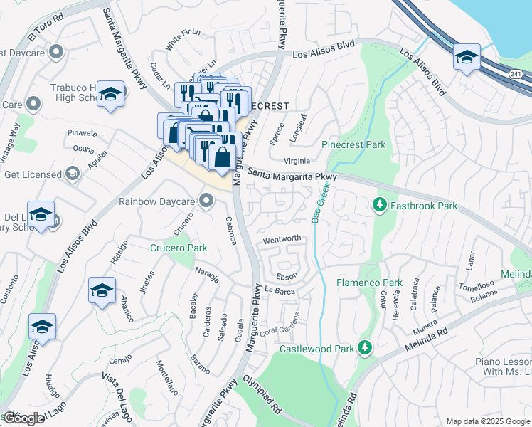 map of restaurants, bars, coffee shops, grocery stores, and more near 21622 Marguerite Parkway in Mission Viejo