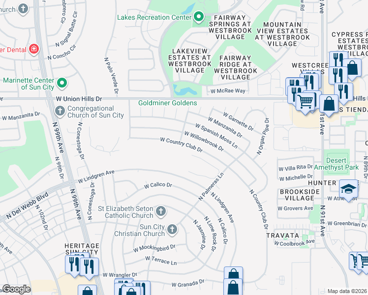map of restaurants, bars, coffee shops, grocery stores, and more near 9602 West Country Club Drive in Sun City