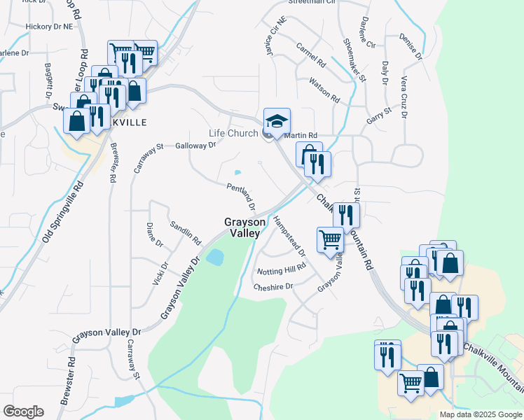 map of restaurants, bars, coffee shops, grocery stores, and more near 2372 Grayson Valley Drive in Birmingham