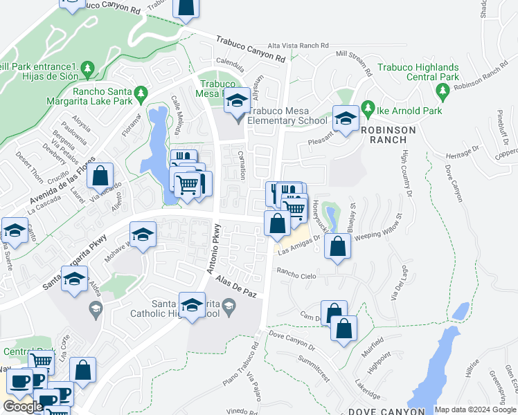 map of restaurants, bars, coffee shops, grocery stores, and more near 7 Vía Olorosa in Rancho Santa Margarita