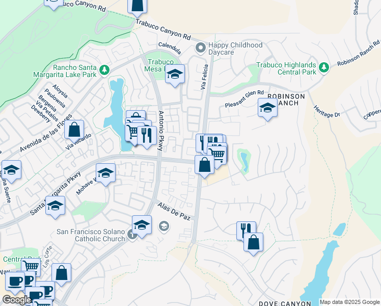 map of restaurants, bars, coffee shops, grocery stores, and more near 7 Vía Olorosa in Rancho Santa Margarita