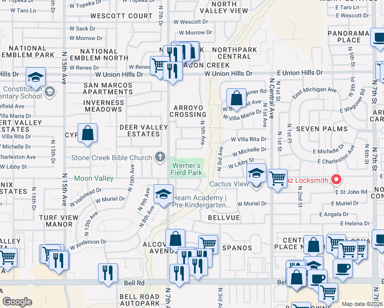 map of restaurants, bars, coffee shops, grocery stores, and more near 542 West Michelle Drive in Phoenix
