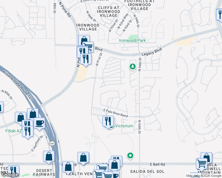 map of restaurants, bars, coffee shops, grocery stores, and more near 9273 East Canyon View Road in Scottsdale