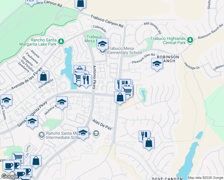 map of restaurants, bars, coffee shops, grocery stores, and more near 2 Vía Olorosa in Rancho Santa Margarita