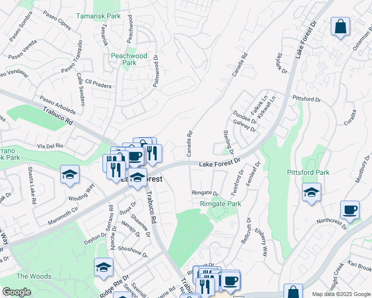 map of restaurants, bars, coffee shops, grocery stores, and more near 1 Treeline Lane in Lake Forest