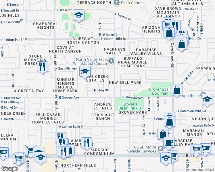 map of restaurants, bars, coffee shops, grocery stores, and more near 17847 North 19th Place in Phoenix