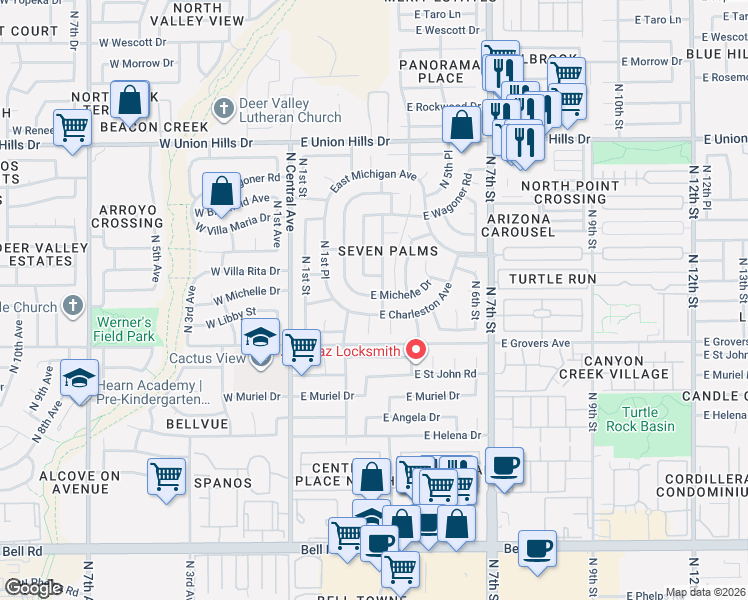 map of restaurants, bars, coffee shops, grocery stores, and more near 18003 North 2nd Street in Phoenix
