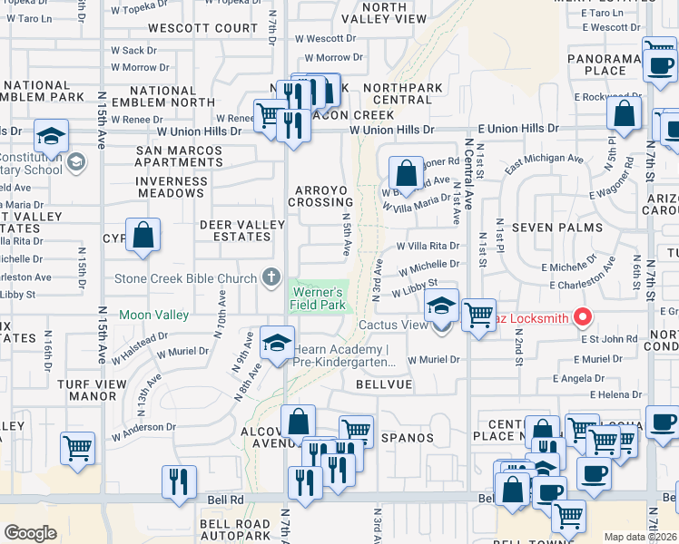 map of restaurants, bars, coffee shops, grocery stores, and more near 18017 North 5th Avenue in Phoenix