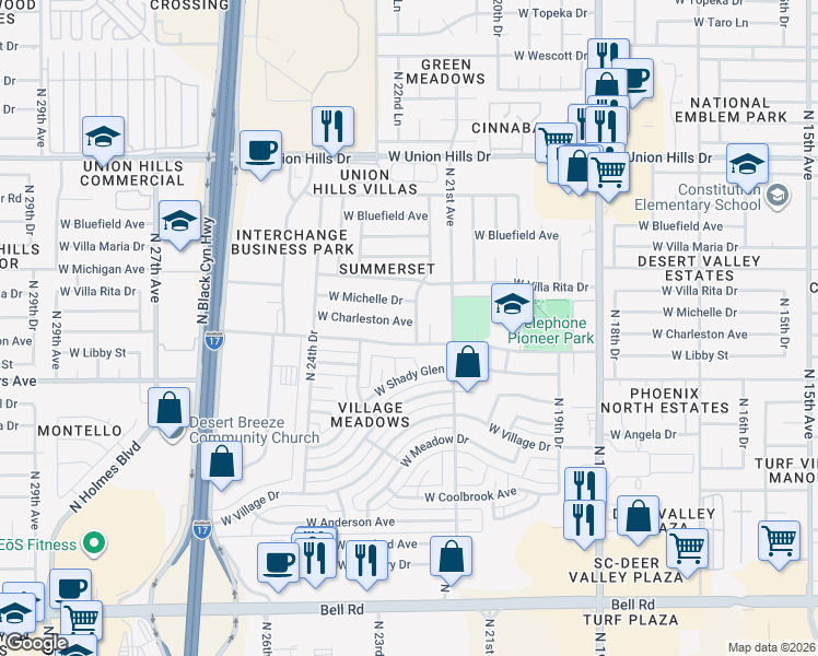 map of restaurants, bars, coffee shops, grocery stores, and more near 2202 West Charleston Avenue in Phoenix