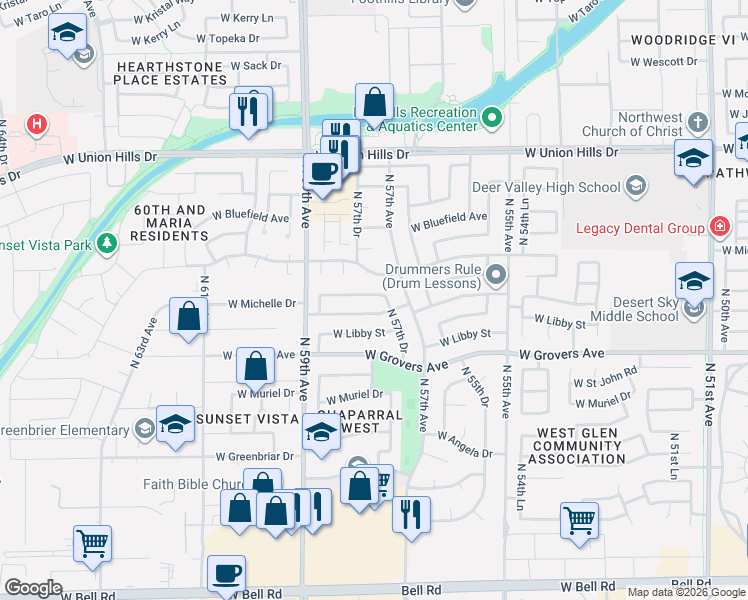 map of restaurants, bars, coffee shops, grocery stores, and more near 5734 West John Cabot Road in Glendale