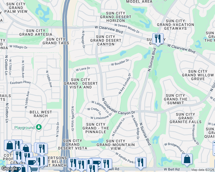 map of restaurants, bars, coffee shops, grocery stores, and more near 16286 West Mountain Pass Drive in Surprise