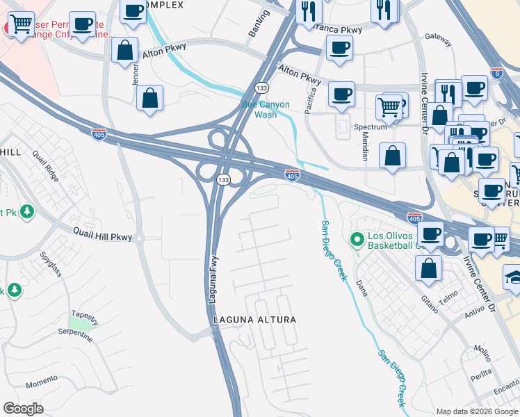map of restaurants, bars, coffee shops, grocery stores, and more near 65 Borghese in Irvine