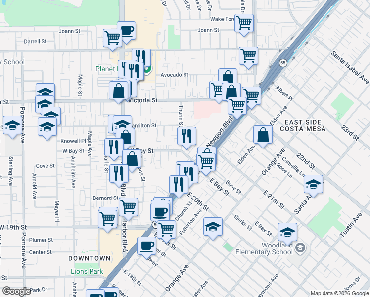 map of restaurants, bars, coffee shops, grocery stores, and more near 350 Gulf Stream Way in Costa Mesa