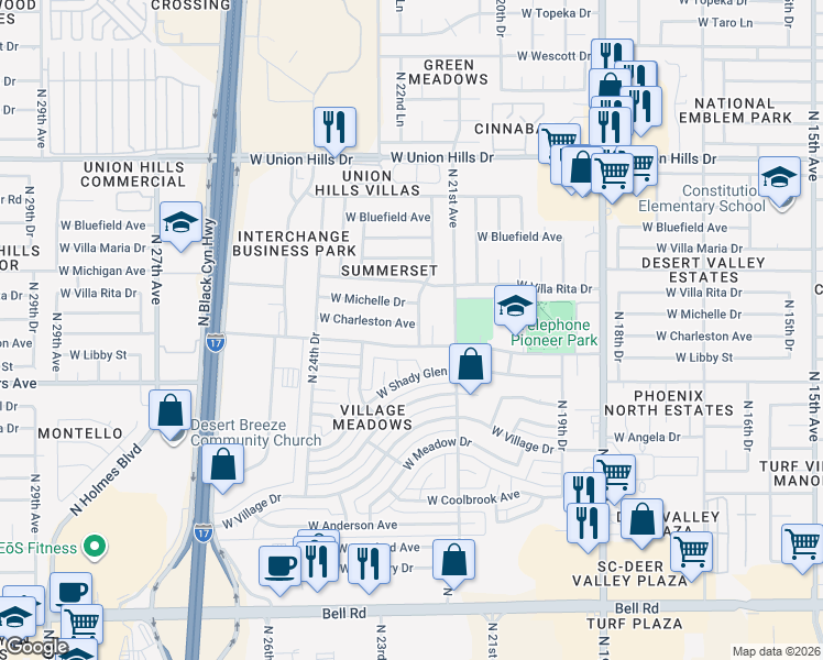 map of restaurants, bars, coffee shops, grocery stores, and more near 2202 West Charleston Avenue in Phoenix