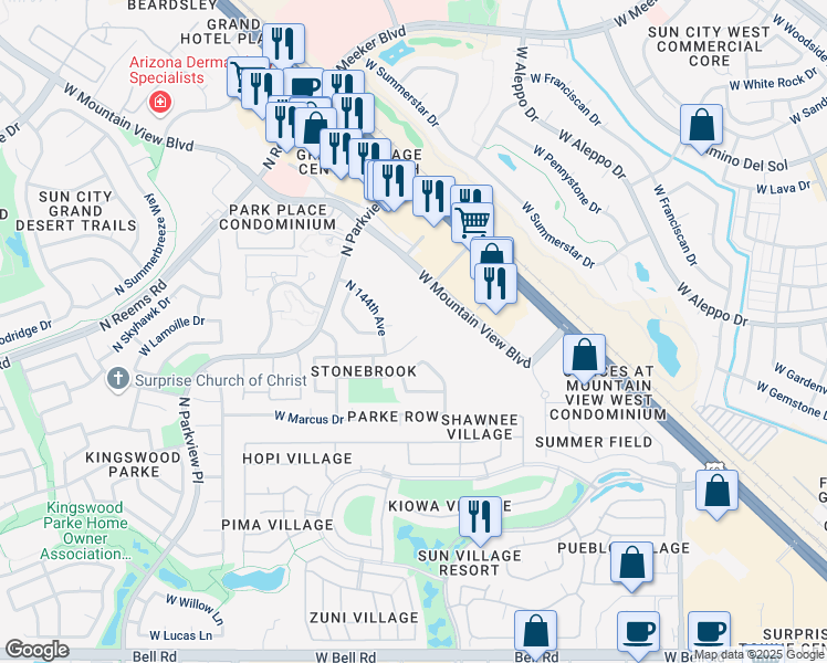 map of restaurants, bars, coffee shops, grocery stores, and more near 14368 West Carlin Drive in Surprise
