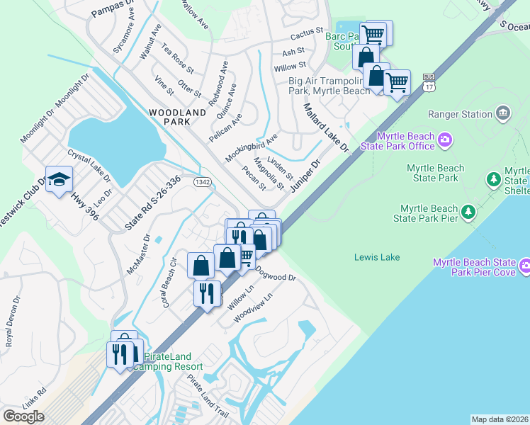 map of restaurants, bars, coffee shops, grocery stores, and more near 507 Juniper Drive in Myrtle Beach