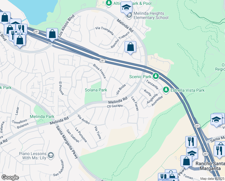 map of restaurants, bars, coffee shops, grocery stores, and more near 30 Via Silla in Rancho Santa Margarita