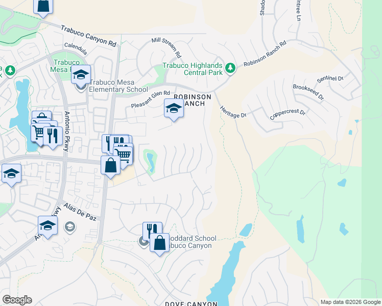 map of restaurants, bars, coffee shops, grocery stores, and more near 21581 Hummingbird Street in Trabuco Canyon