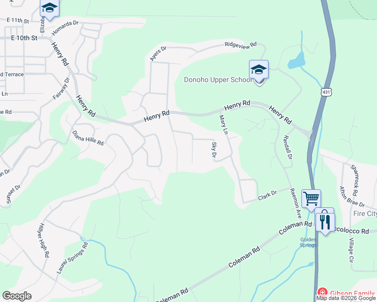 map of restaurants, bars, coffee shops, grocery stores, and more near 324 Wildwood Road in Anniston