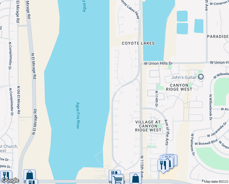 map of restaurants, bars, coffee shops, grocery stores, and more near 19836 West Coyote Lakes Parkway in Surprise