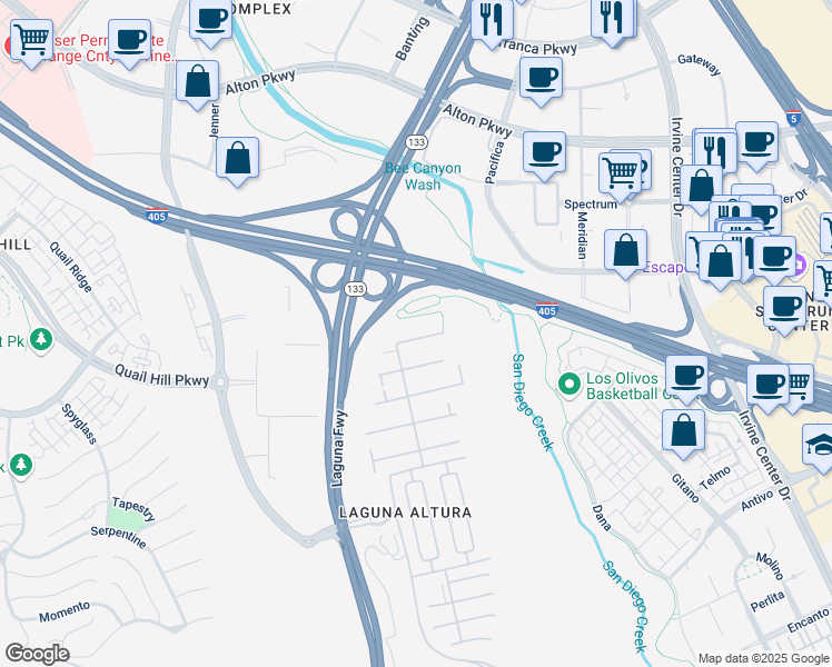 map of restaurants, bars, coffee shops, grocery stores, and more near 63 Borghese in Irvine