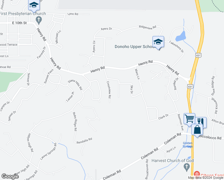 map of restaurants, bars, coffee shops, grocery stores, and more near 313 Crestview Road in Anniston