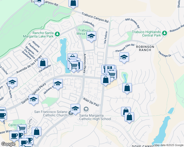 map of restaurants, bars, coffee shops, grocery stores, and more near 74 Flor De Sol in Rancho Santa Margarita