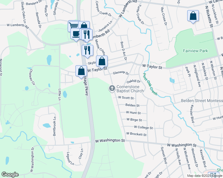 map of restaurants, bars, coffee shops, grocery stores, and more near 1505 North Grant Drive in Sherman