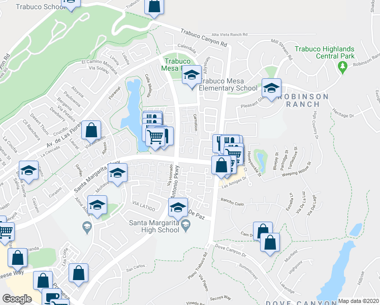 map of restaurants, bars, coffee shops, grocery stores, and more near 74 Flor De Sol in Rancho Santa Margarita