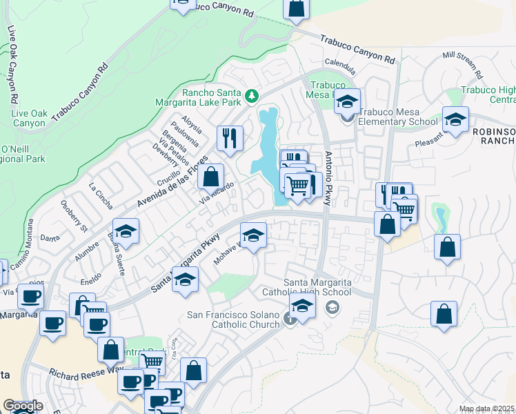 map of restaurants, bars, coffee shops, grocery stores, and more near 66 Montana Del Lago Drive in Rancho Santa Margarita