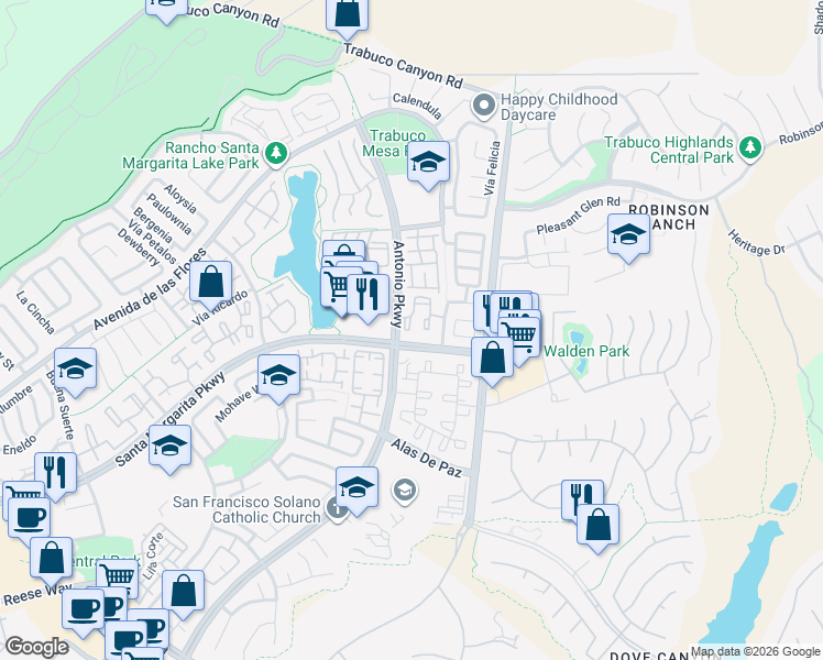 map of restaurants, bars, coffee shops, grocery stores, and more near 95 Flor De Mar in Rancho Santa Margarita
