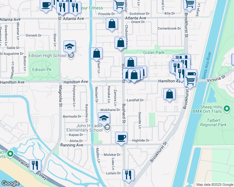 map of restaurants, bars, coffee shops, grocery stores, and more near 9441 Keoki Circle in Huntington Beach