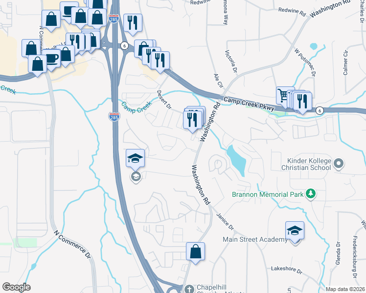 map of restaurants, bars, coffee shops, grocery stores, and more near 2865 Laurel Ridge Circle in East Point